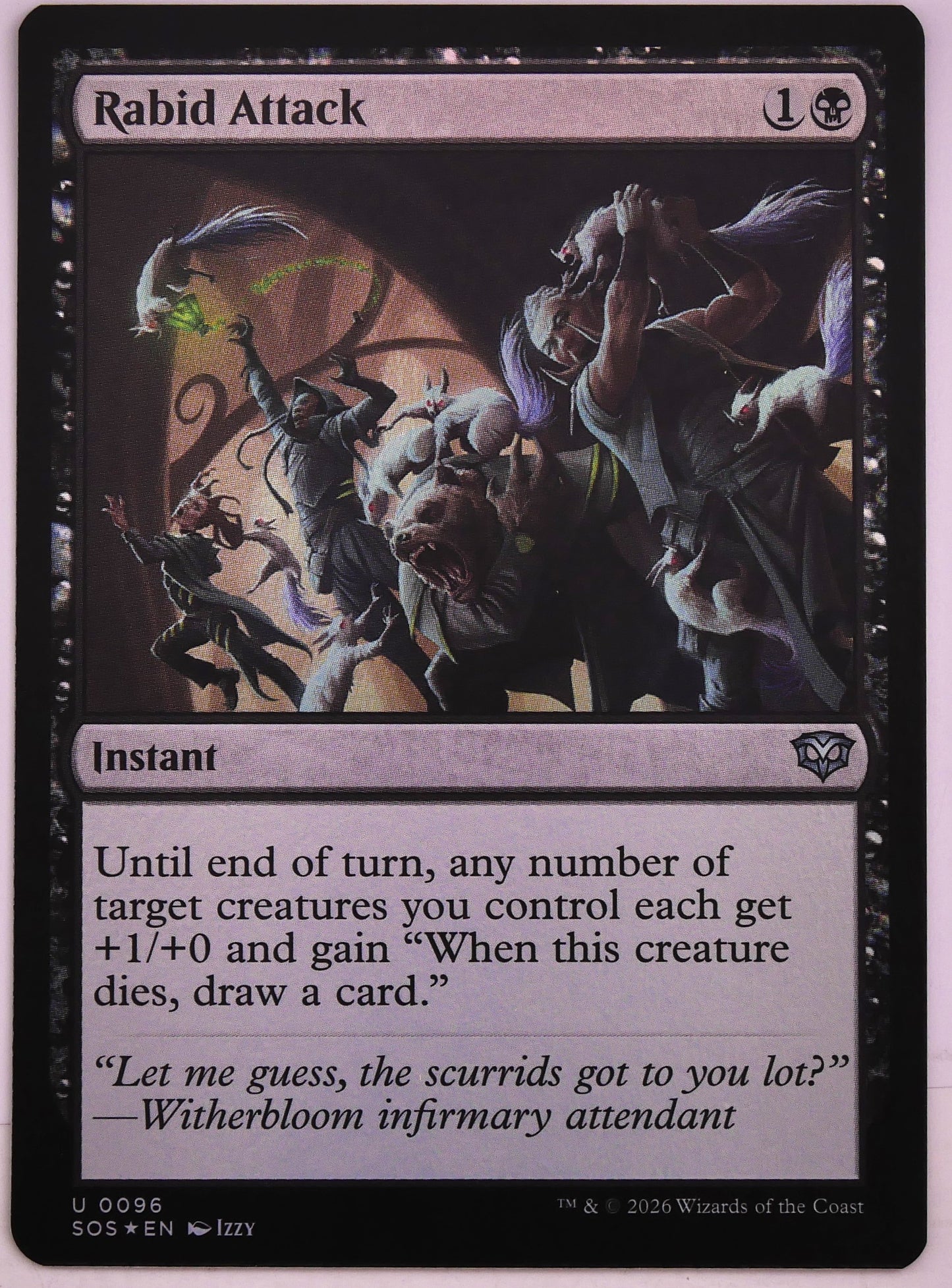 Rabid Attack SOS 96 MTG card draw instant from Secrets of Strixhaven Mystical Archive that rewards creatures dying in combat | DM Vault Co