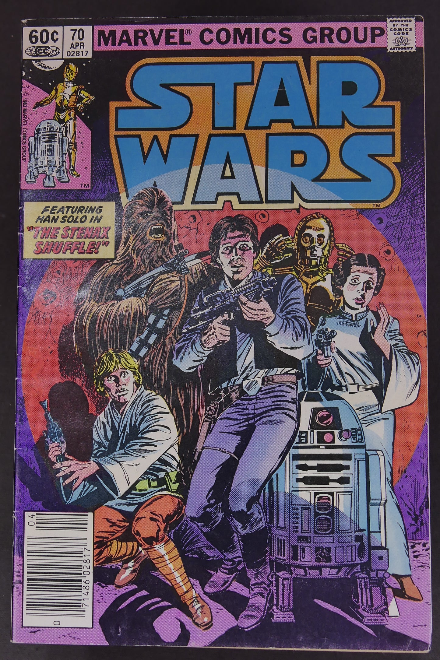 Star Wars #70 (1983) Marvel Comics comic book cover featuring Han Solo, Luke Skywalker, Princess Leia, Chewbacca, C-3PO, and R2-D2.