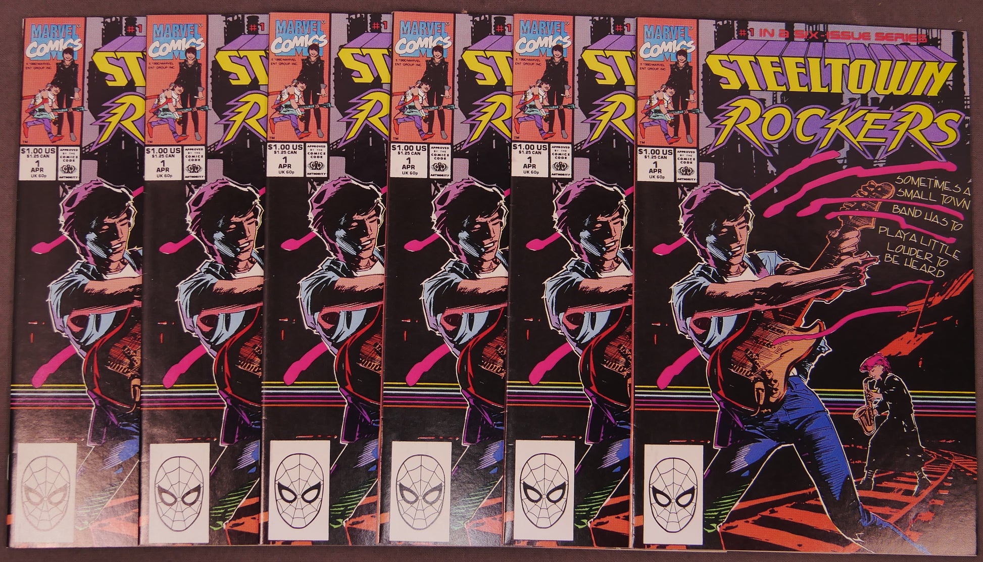 Six copies of Steeltown Rockers #1 from Marvel Comics published in 1989 featuring the debut issue of the limited series and its rock band storyline.