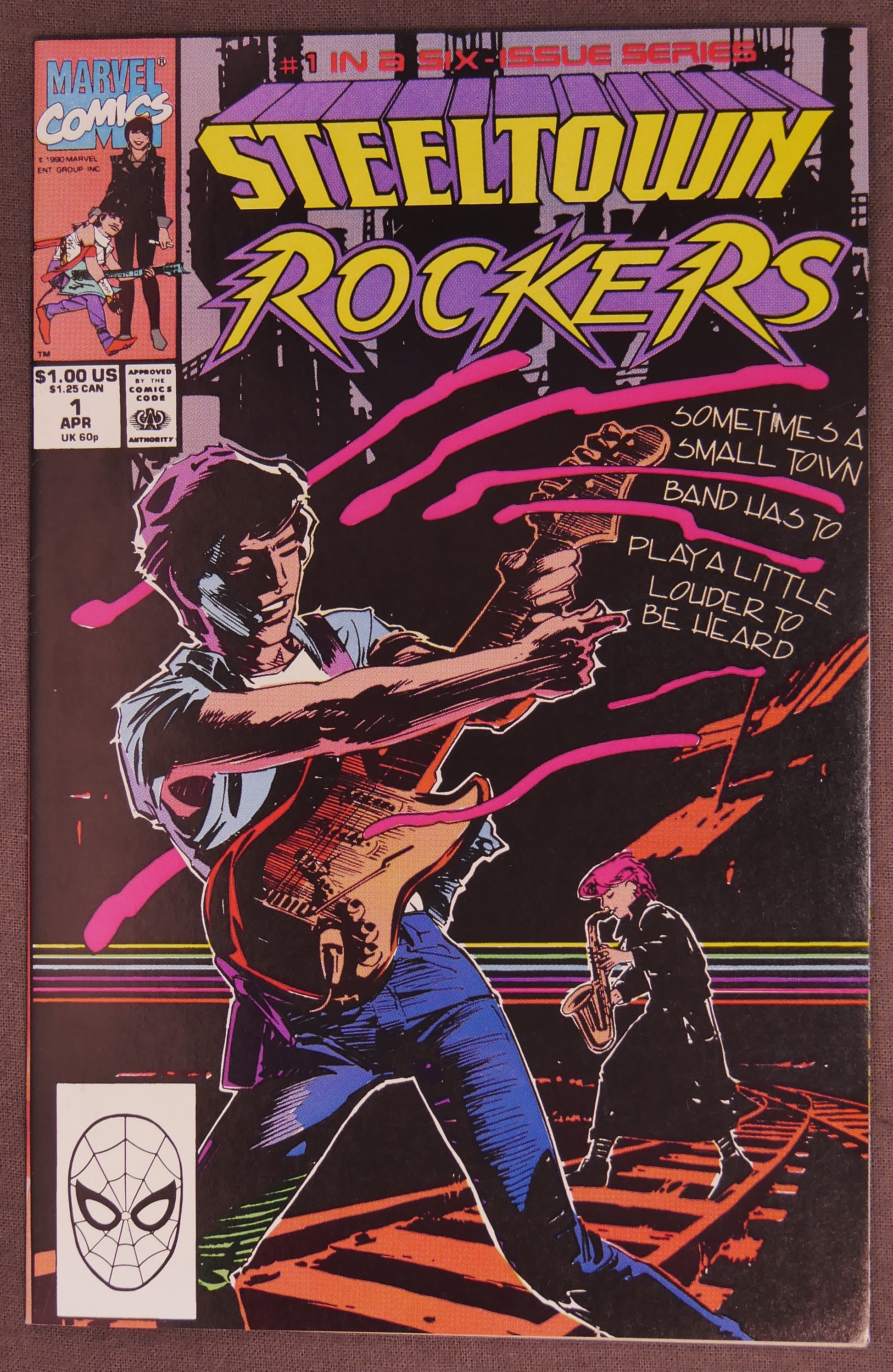 Steeltown Rockers #1 Marvel Comics 1989 debut issue cover featuring a guitarist performing on railroad tracks in the first issue of the limited series.
