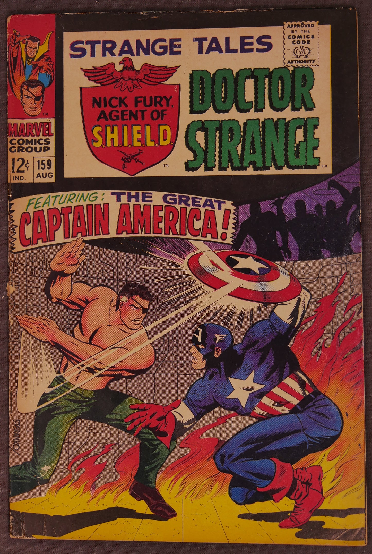 Strange Tales #159 Marvel comic featuring Doctor Strange, Nick Fury, and a Captain America guest appearance on the August 1967 cover.