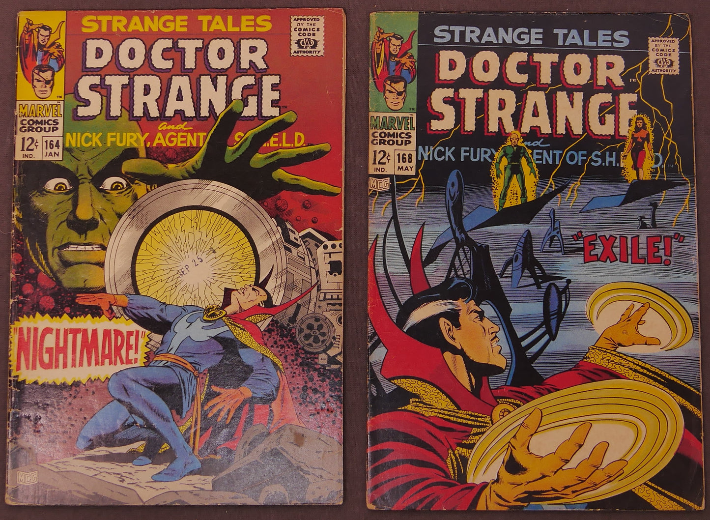 Strange Tales #164 and #168 Marvel comic lot featuring Doctor Strange battling Nightmare and confronting Yandroth in classic Silver Age supernatural adventures from 1968.