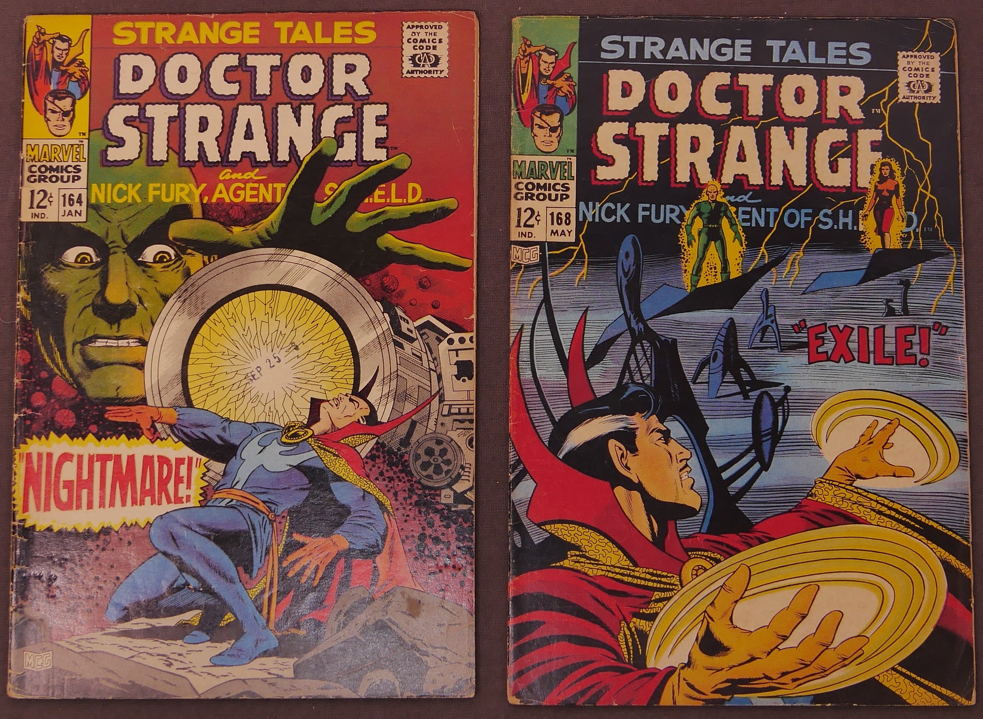 Strange Tales #164 and #168 Marvel comic lot featuring Doctor Strange battling Nightmare and confronting Yandroth in classic Silver Age supernatural adventures from 1968.