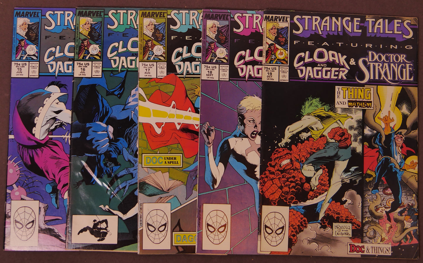 Strange Tales #15-19 Cloak & Dagger Marvel Comics 1988 five issue comic book lot featuring Doctor Strange and The Thing appearances.