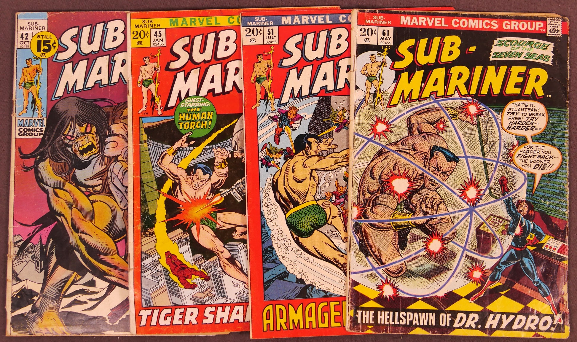Sub-Mariner Bronze Age Marvel comic bundle containing issues #42, #45, #51, and #61 published between 1971 and 1973 featuring Namor and classic Marvel adventures.