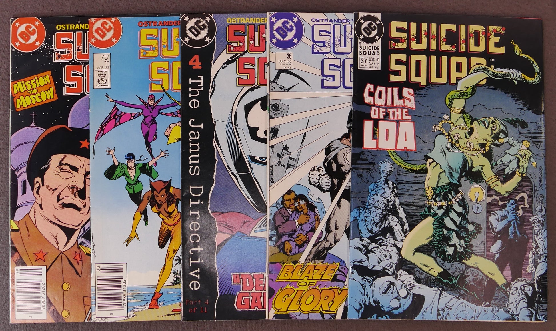 Five-issue Suicide Squad DC comic lot featuring issues #5, #11, #28, #36 and #37 by John Ostrander with Amanda Waller, Deadshot, Vixen, Enchantress, Darkseid and Janus Directive storylines.