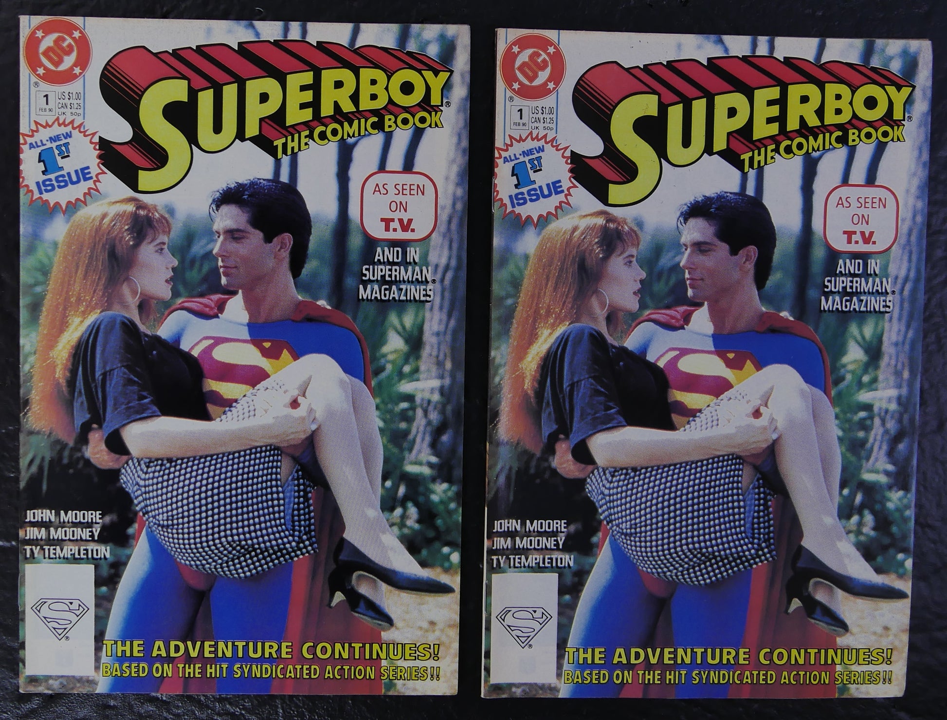 Two copies of Superboy #1 Direct Edition DC Comics 1990 featuring the live-action television photo cover