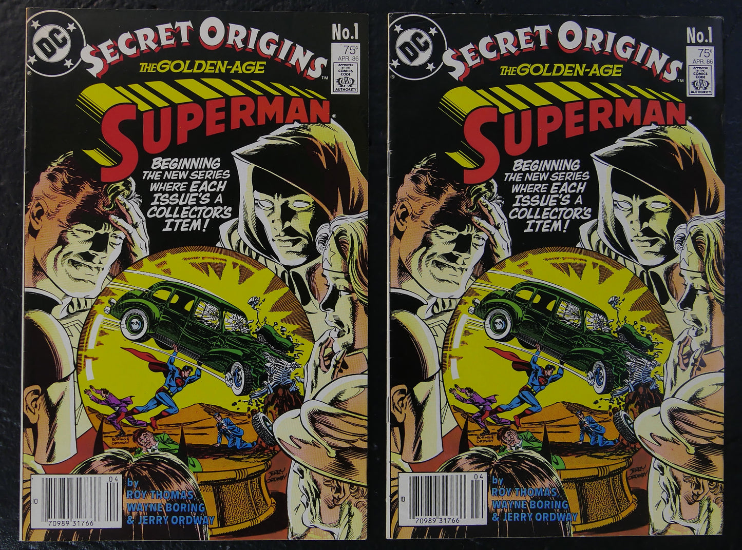 Two copies of Secret Origins Vol. 2 #1 Direct Edition DC Comics 1986 featuring the Golden Age Superman origin cover