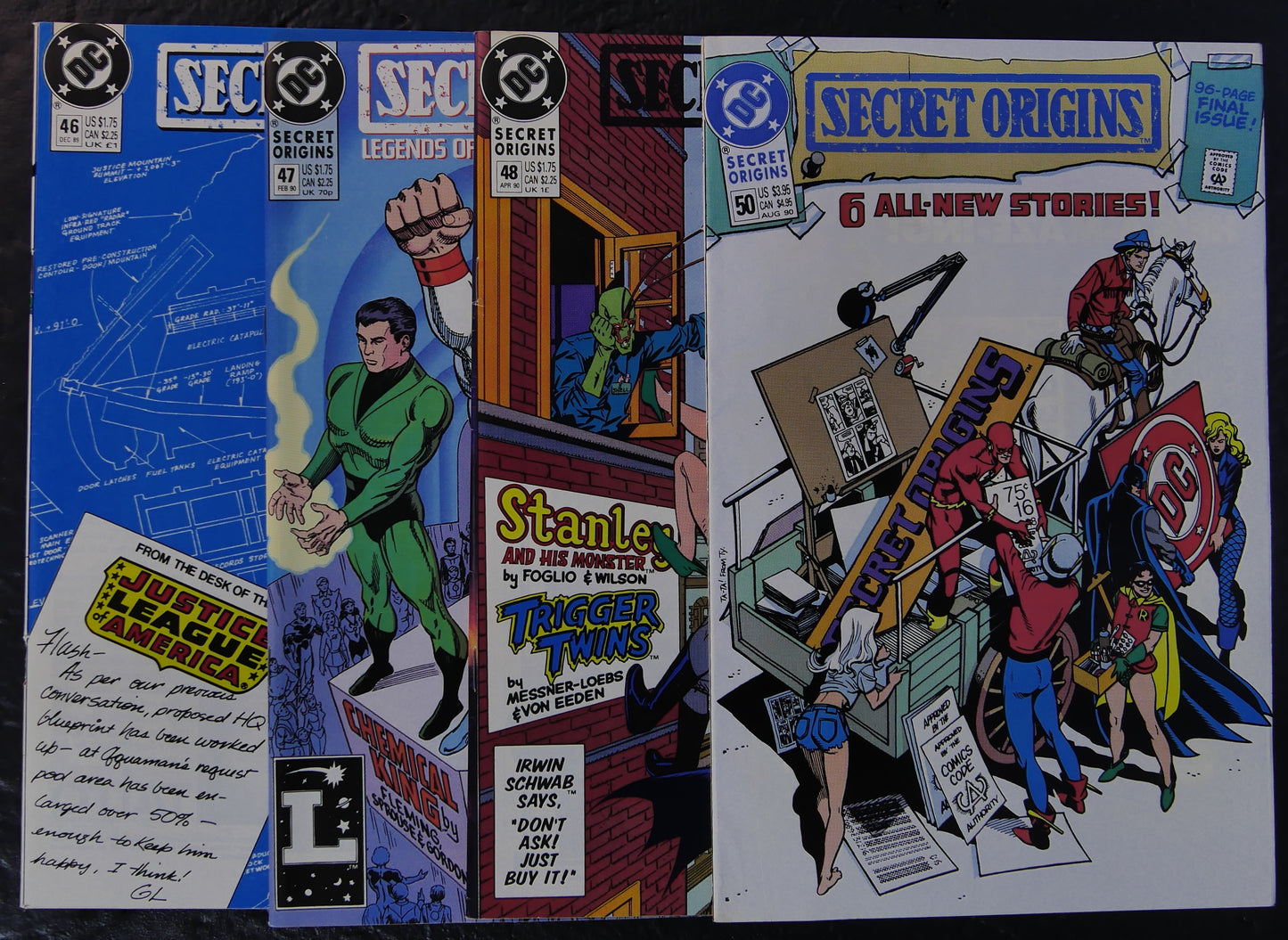 Four-comic Secret Origins DC Comics lot featuring issues #46, #47, #48 and #50 final issue from 1989–1990