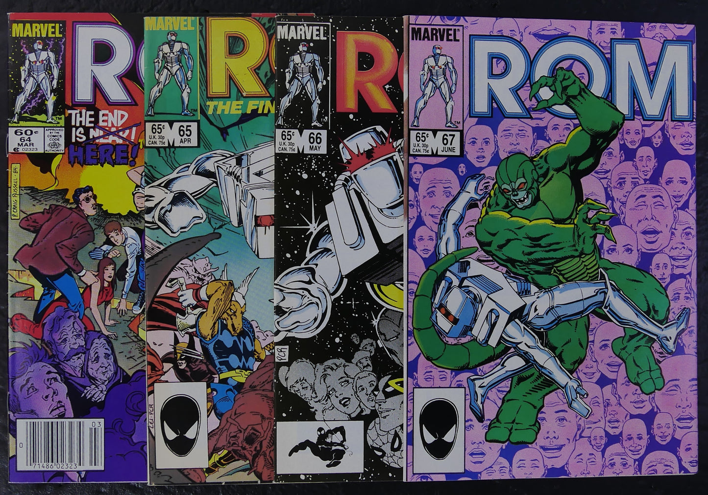 ROM #64-67 (1985) Marvel comic book covers featuring Rom, Dire Wraiths and the Wraith War aftermath