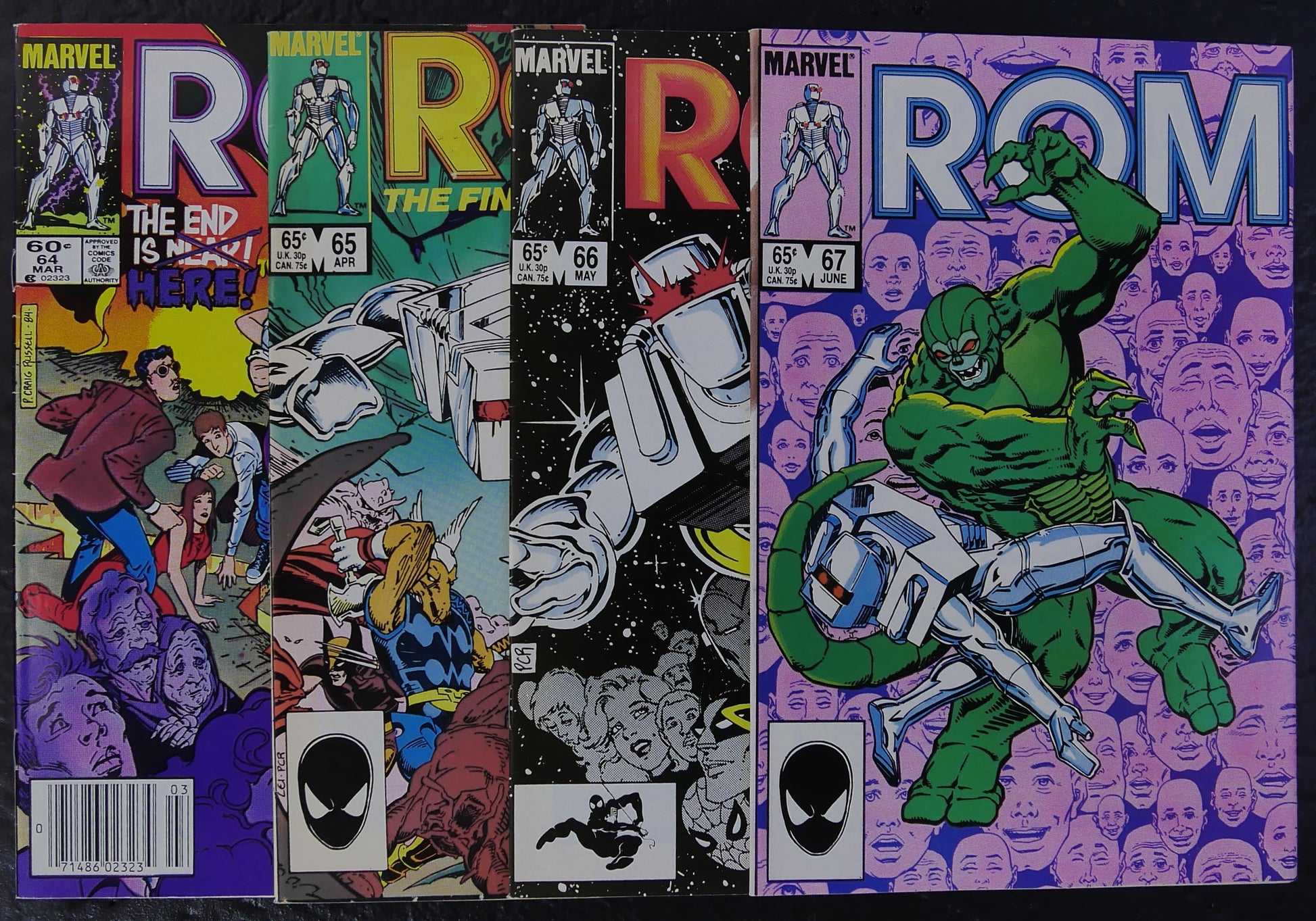 ROM #64-67 (1985) Marvel comic book covers featuring Rom, Dire Wraiths and the Wraith War aftermath