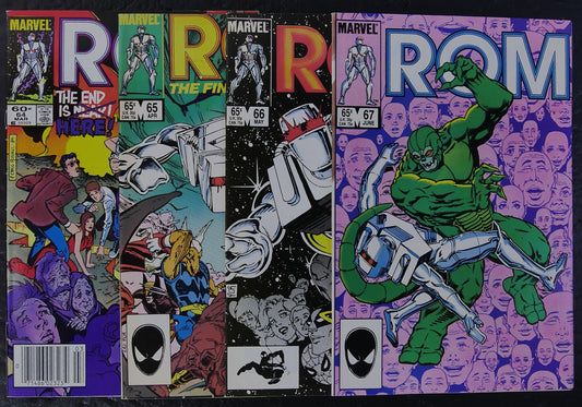 ROM #64-67 (1985) Marvel comic book covers featuring Rom, Dire Wraiths and the Wraith War aftermath
