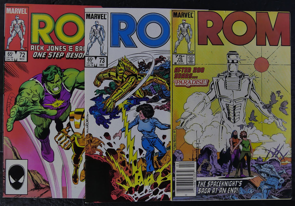 ROM #72 #73 #75 (1985) Marvel comic book covers featuring ROM