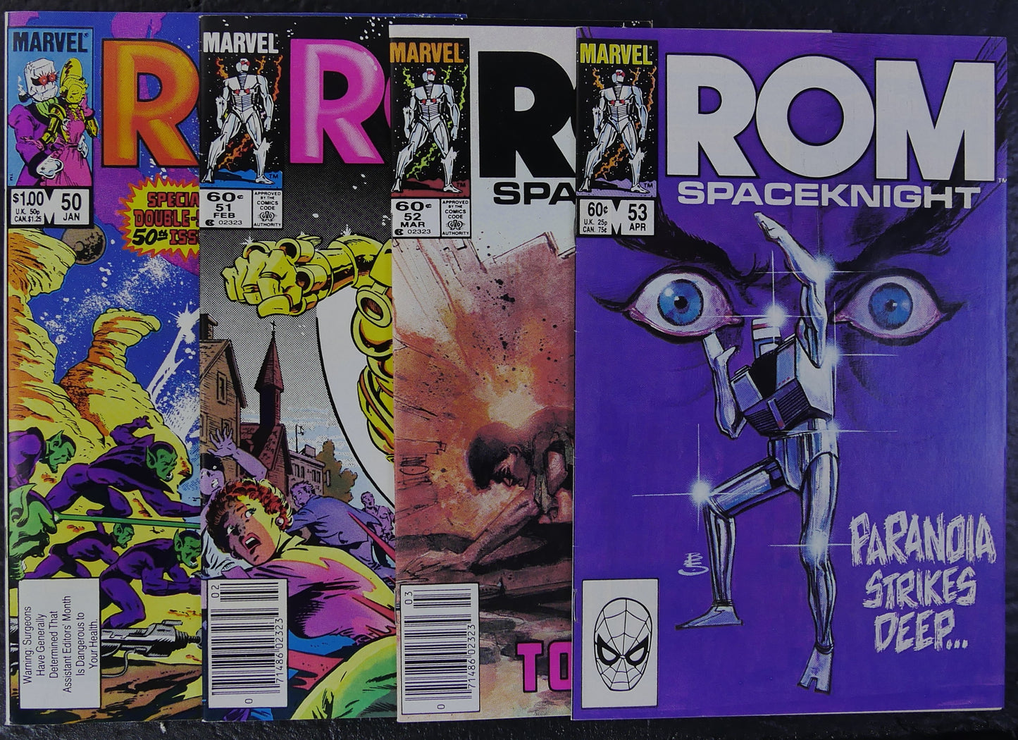 ROM #50-53 Marvel comic books from 1984 displayed together as a four-issue Dire Wraith bundle