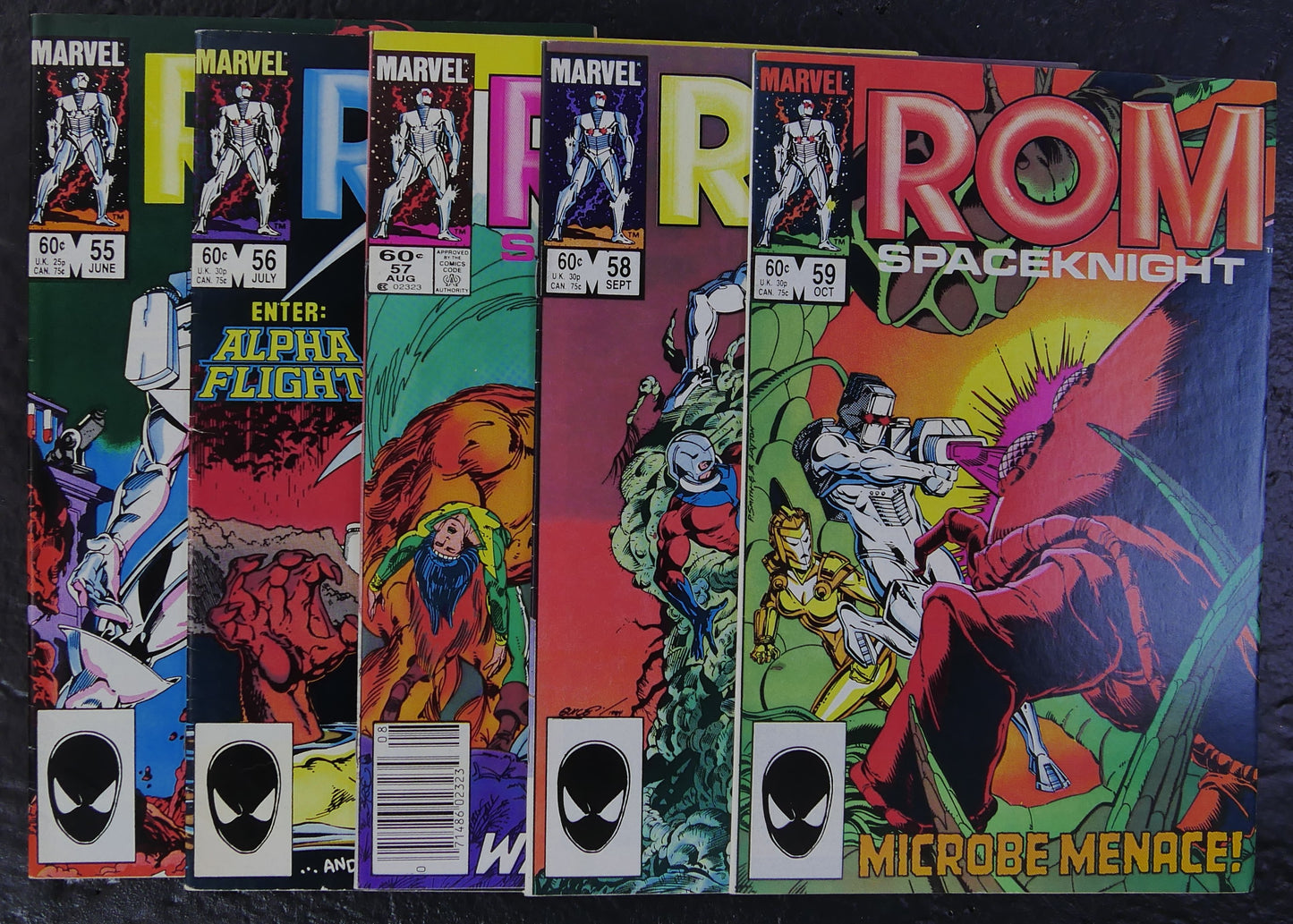 ROM #55-59 from Marvel Comics (1984) follows the Wraith War with Alpha Flight and Ant-Man battling tainted blood, floods and mutated insects. DM Vault Co.