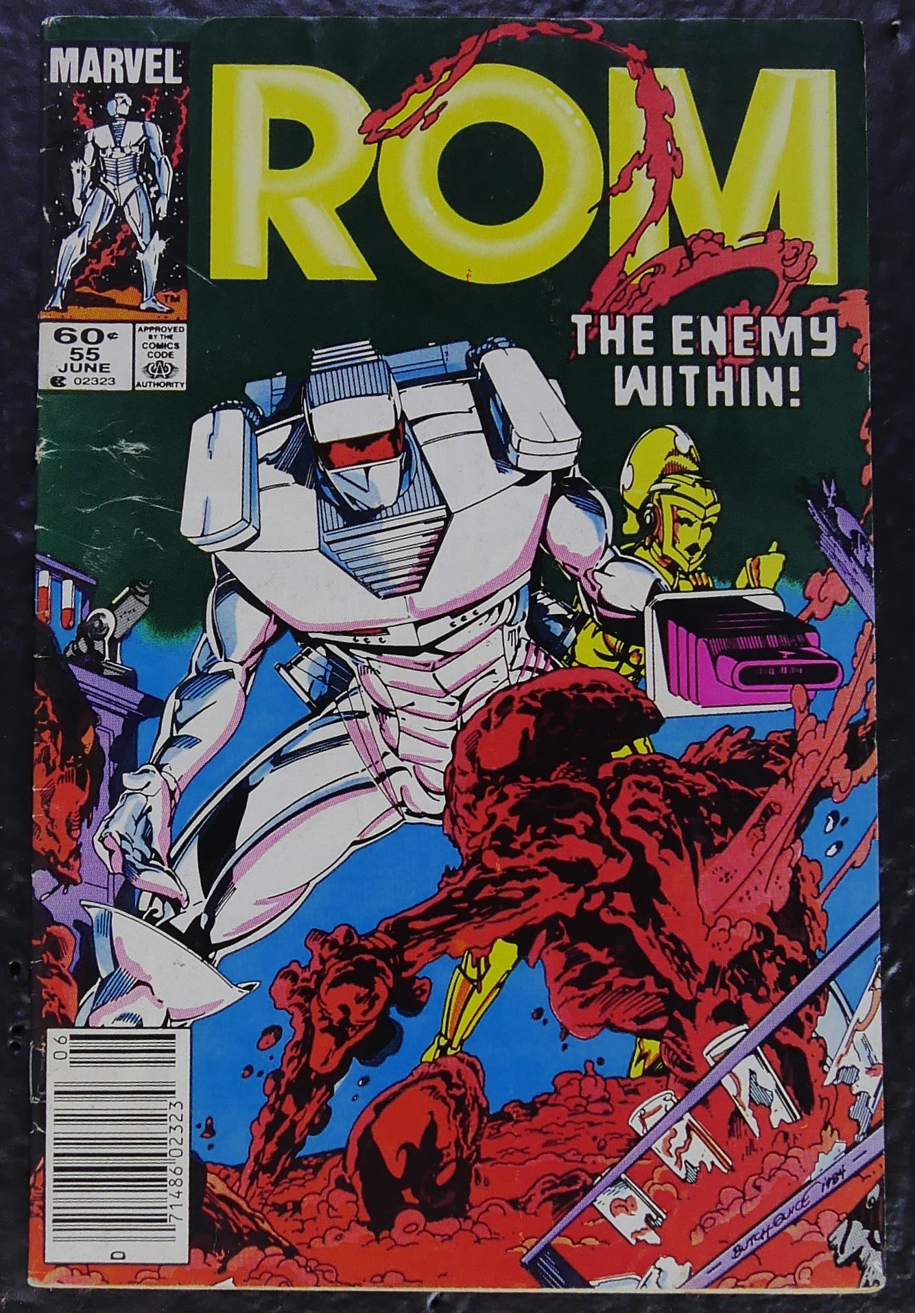 ROM #55 (1984) Marvel comic book cover featuring Rom and Starshine battling a red Dire Wraith monster