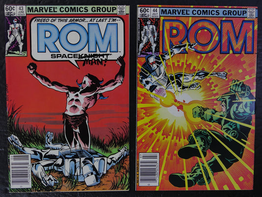 ROM #43-44 Marvel newsstand comic covers featuring human Rom, his abandoned armor and Devastator