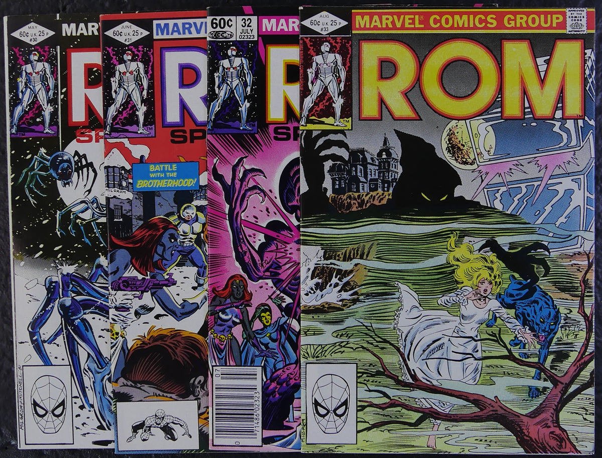 ROM #30 through #33 (1982) Marvel Comics mixed-edition covers featuring Silver Spiders, Rogue, Mystique and Sybil