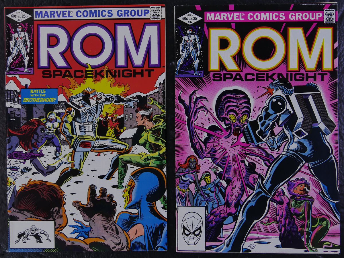 ROM #31 and #32 (1982) Marvel Comics direct-edition covers featuring ROM, Rogue, Mystique and the Brotherhood