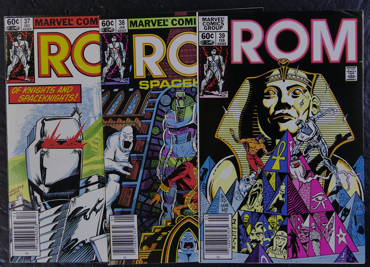 ROM #37 through #39 Marvel Comics 1982-1983 newsstand covers featuring ROM, Shang-Chi and Doctor Dredd