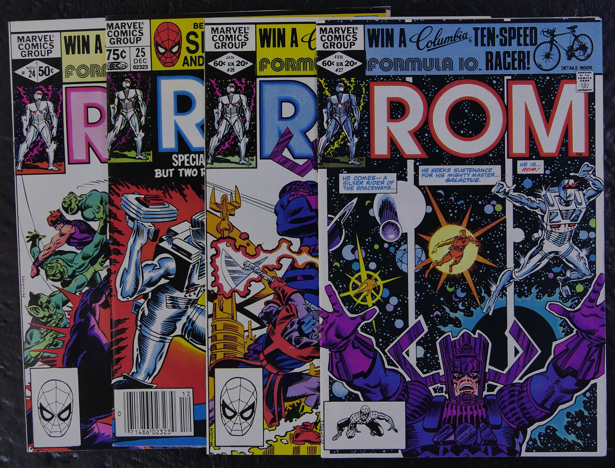 ROM #24 through #27 Marvel Comics 1981-1982 mixed-edition covers featuring Galactus, Terrax and the Spaceknights