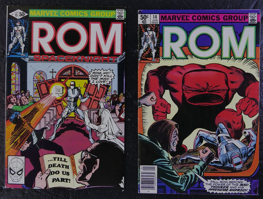 ROM #14-15 from Marvel Comics (1981) features the Awesome Android, Mad Thinker and a Dire Wraith wedding plot, with Sal Buscema art throughout. DM Vault Co.
