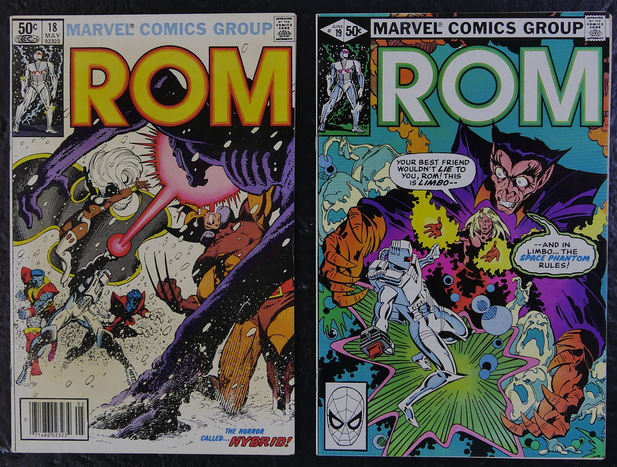ROM #18-19 (1981) Marvel Comics covers featuring the X-Men, Hybrid and Space Phantom