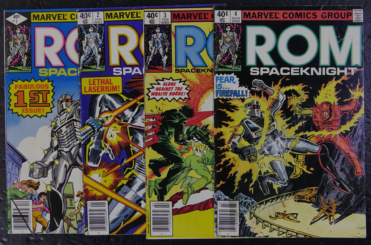 ROM #1-4 from Marvel Comics (1979-1980) includes ROM's first comic appearance, early Dire Wraith battles and Frank Miller covers on #1 and #3. DM Vault Co.