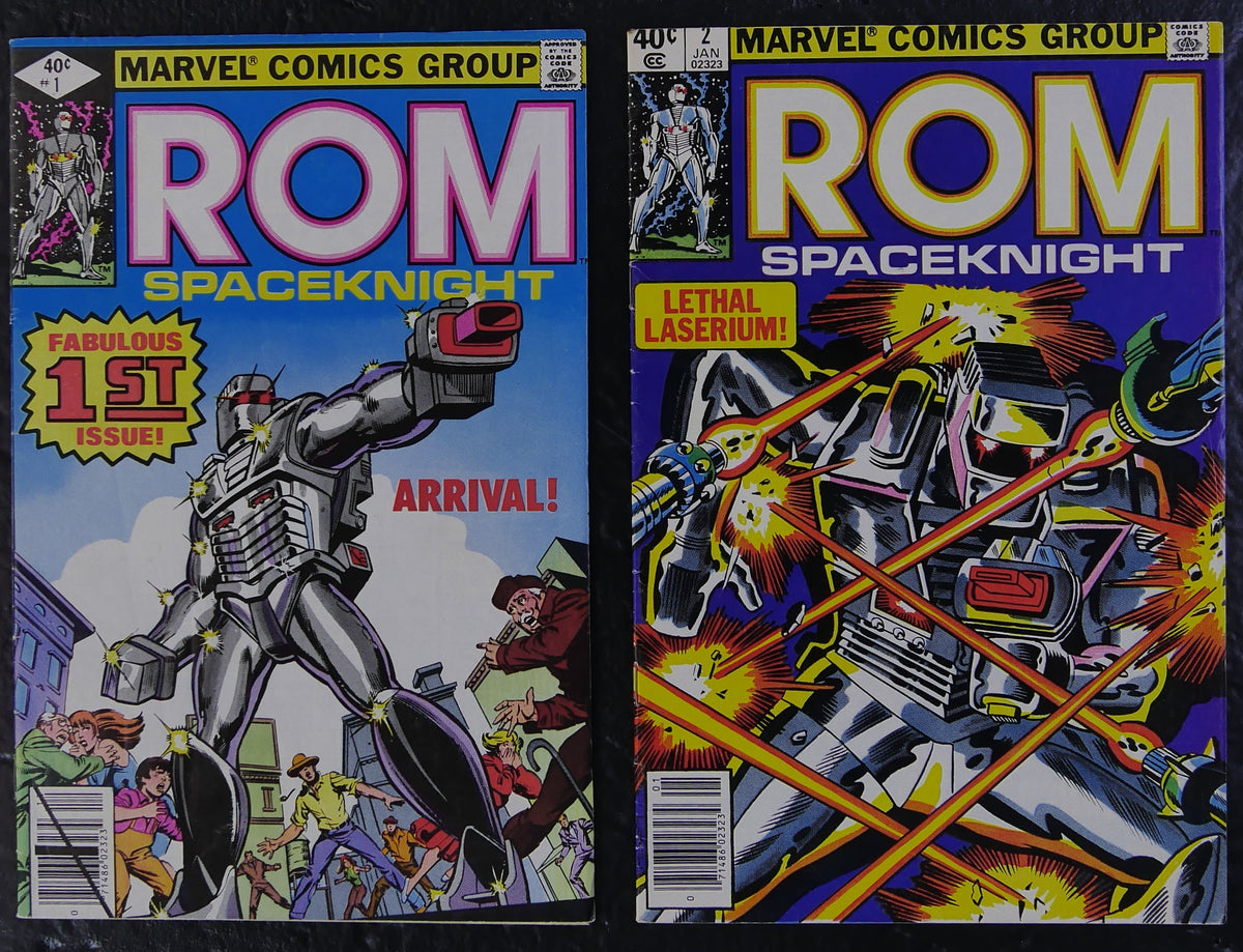 ROM #1-2 (1979-1980) Marvel Comics newsstand covers featuring ROM’s arrival and laser battle