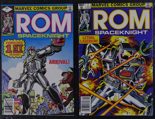 ROM #1-2 (1979-1980) Marvel Comics newsstand covers featuring ROM’s arrival and laser battle