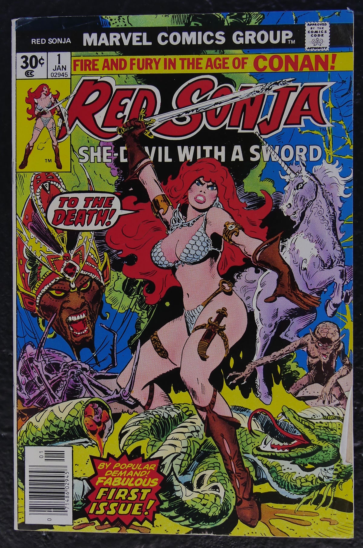 Red Sonja #1 (1977) Marvel Comics newsstand comic book cover featuring Red Sonja and the unicorn