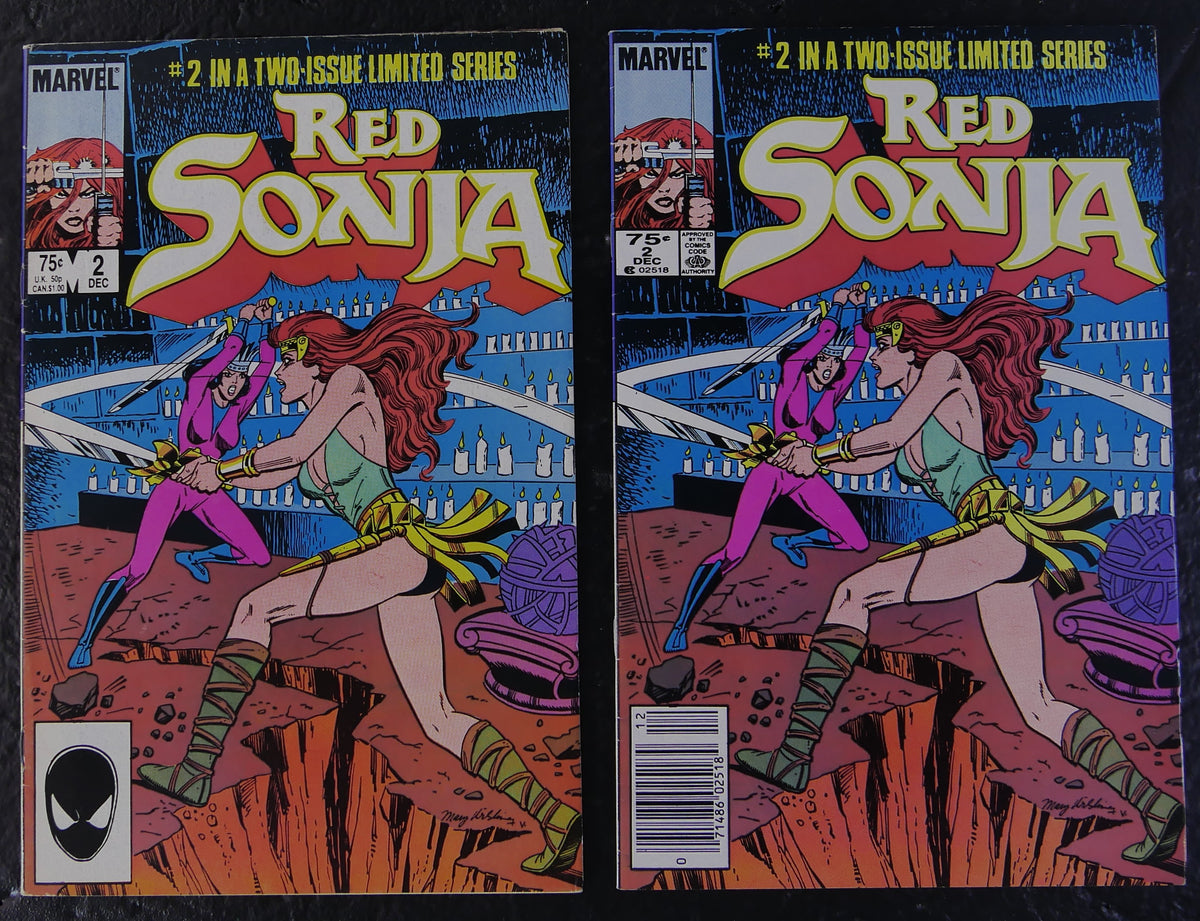 Red Sonja: The Movie #2 (1985) Marvel Comics direct-market and newsstand comic book covers featuring Red Sonja in a sword fight