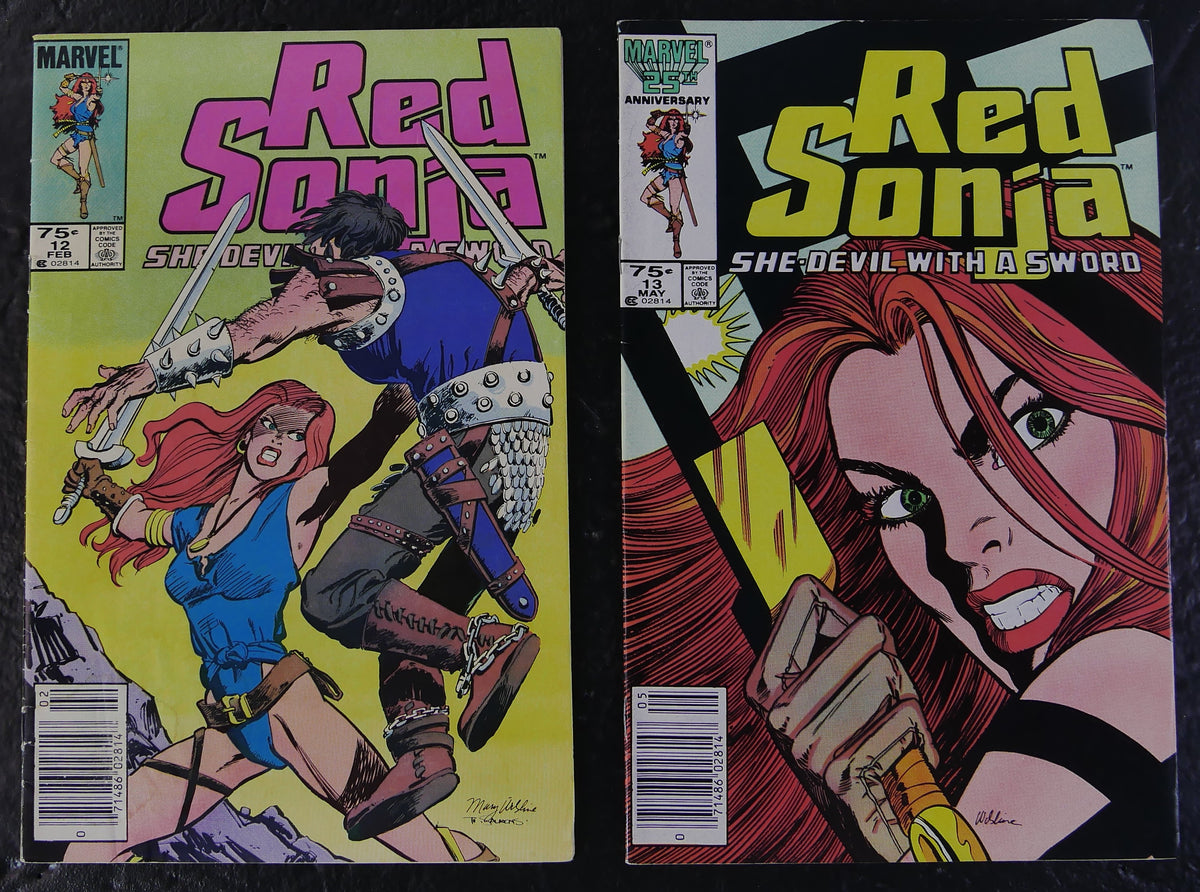 Red Sonja issues 12 and 13 Marvel Comics 1986 newsstand editions shown side by side with UPC boxes visible