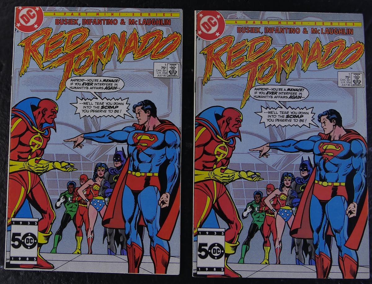 Two copies of Red Tornado #1 DC Comics July 1985 direct edition cover featuring Red Tornado confronting Superman and the Justice League