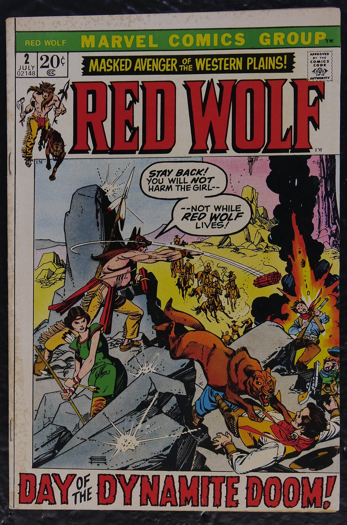 Red Wolf #2 Marvel Comics July 1972 cover featuring Red Wolf, Lobo and the Day of the Dynamite Doom
