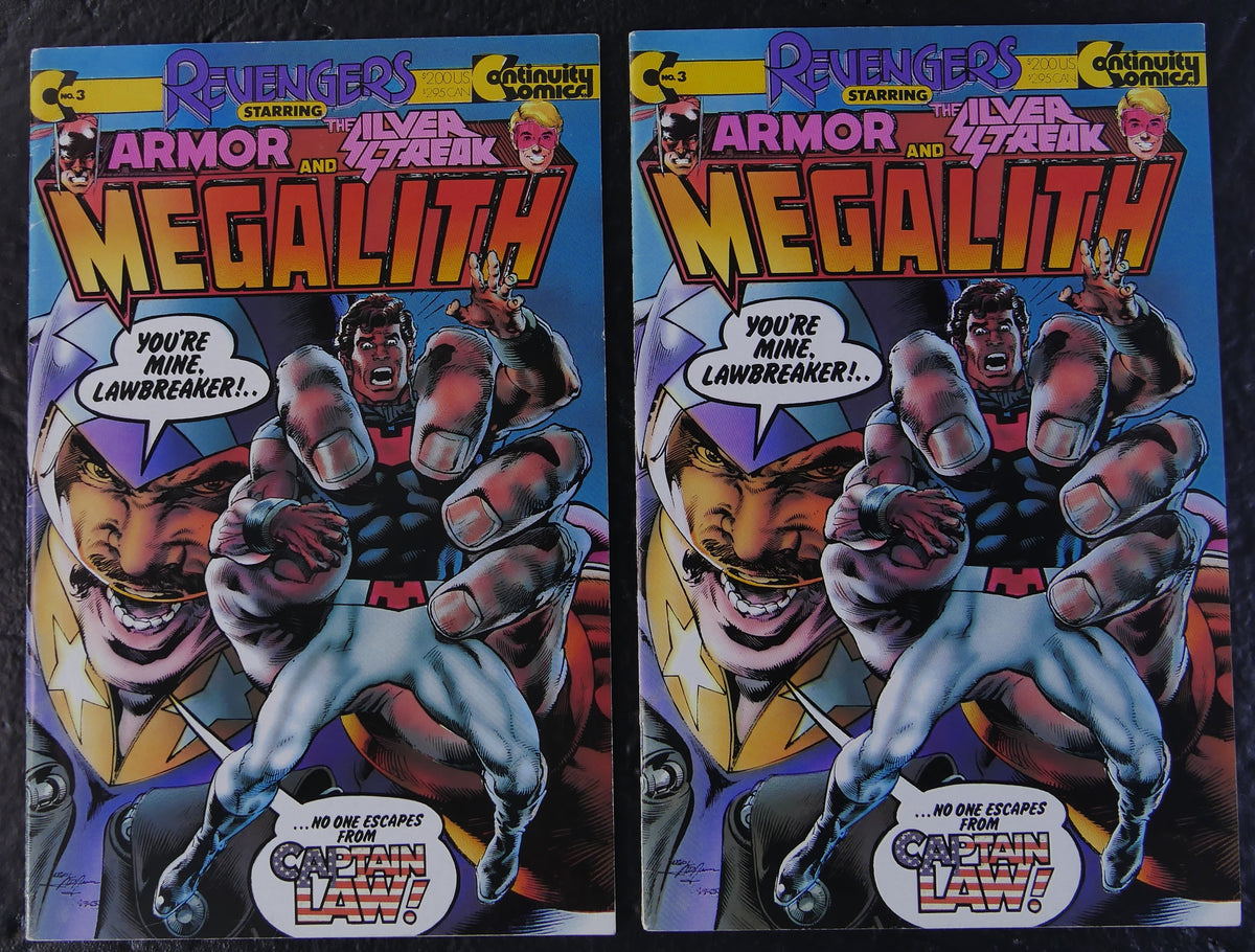 Two copies of Revengers Featuring Megalith #3 from Continuity Comics with Neal Adams Captain Law cover