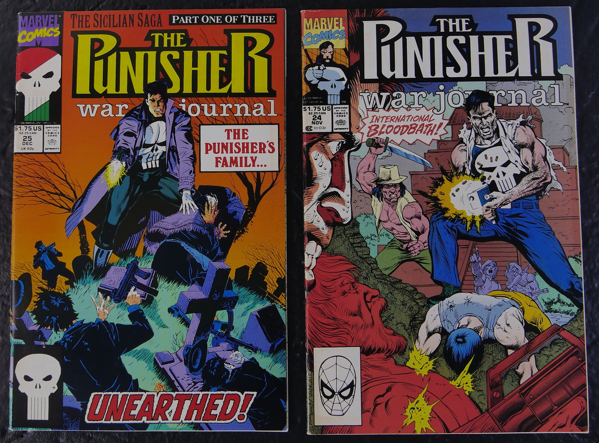 Punisher War Journal #24 and #25 (1990) Marvel Comics direct-edition comic book covers featuring Frank Castle
