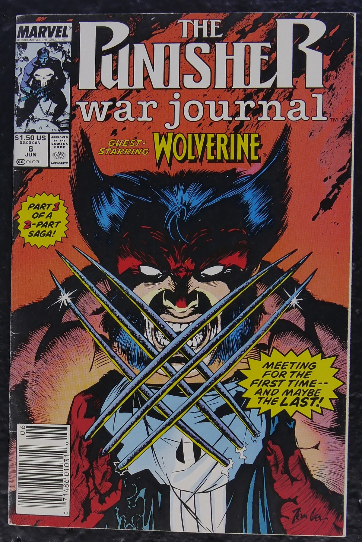 Punisher War Journal #6 (1989) Marvel Comics newsstand cover featuring Wolverine crossing claws over the Punisher, with artwork by Jim Lee