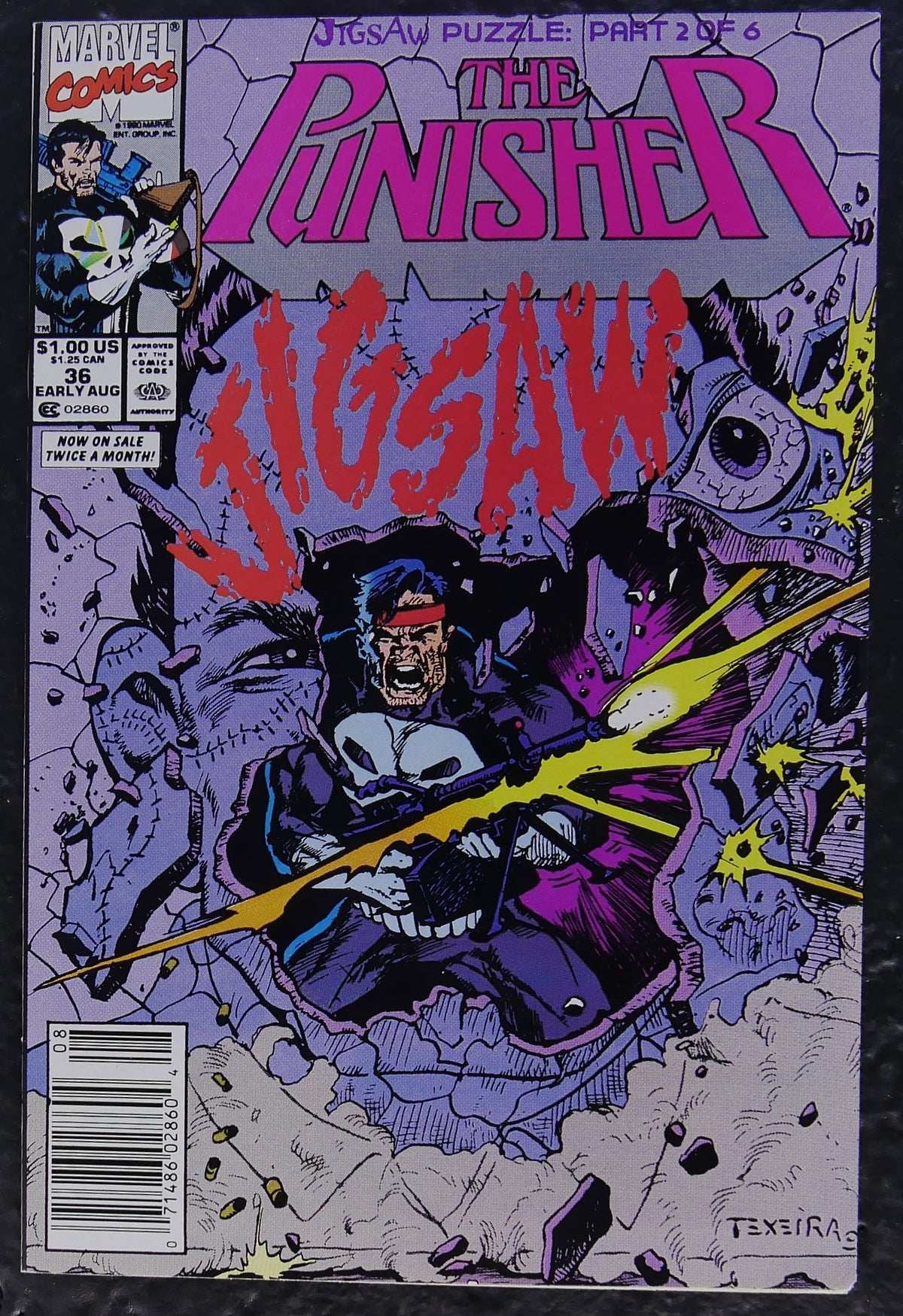 The Punisher #36 (1990) Marvel Comics newsstand comic book cover featuring the Punisher and Jigsaw, with art by Mark Texeira