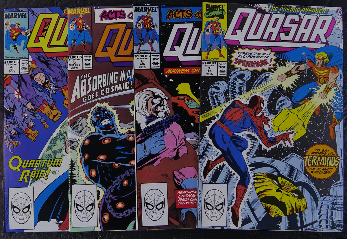 Quasar #4 through #7 (1989-90) Marvel Comics direct-edition covers featuring Absorbing Man, Venom and Cosmic Spider-Man