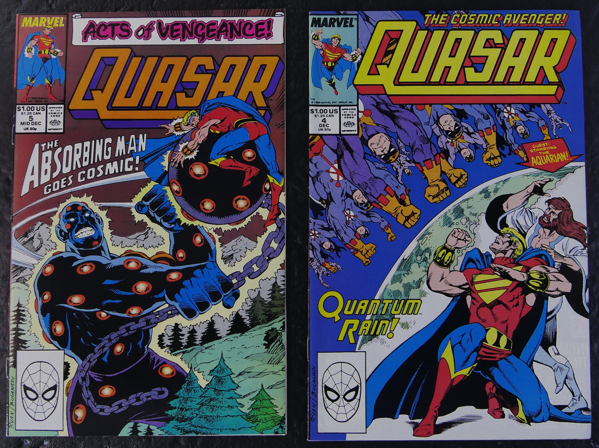 Quasar #4 and #5 (1989) Marvel Comics direct-edition covers featuring Aquarian, Quantum and the Absorbing Man