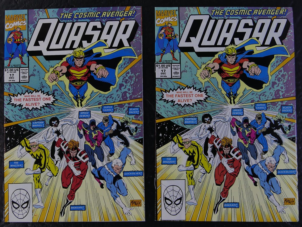 Two copies of Quasar #17 (1990) Marvel Comics covers featuring Quasar, Quicksilver, Makkari and Earth's speedsters