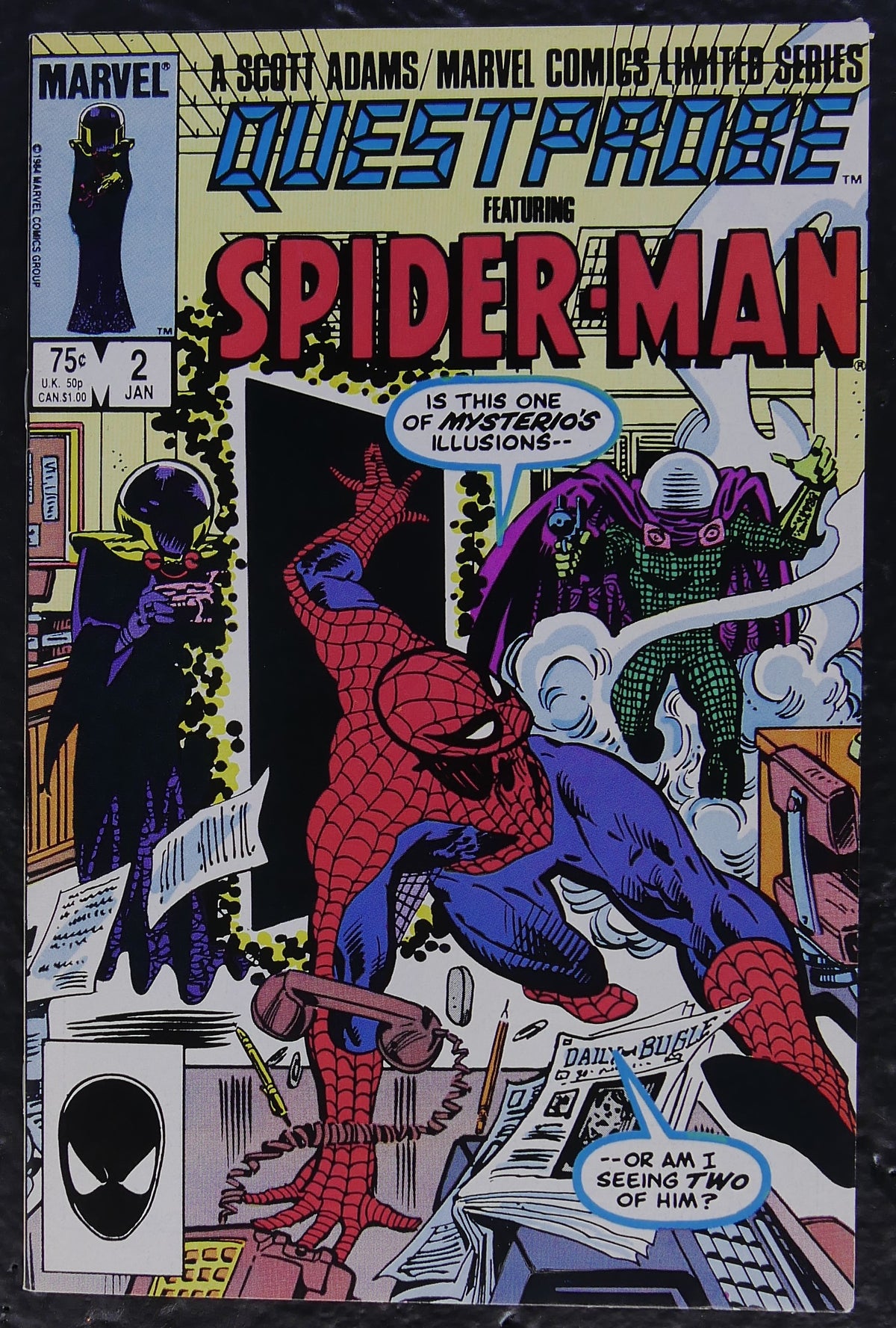 Questprobe #2 (1985) Marvel Comics Group comic book cover featuring Spider-Man, Mysterio, and the Chief Examiner