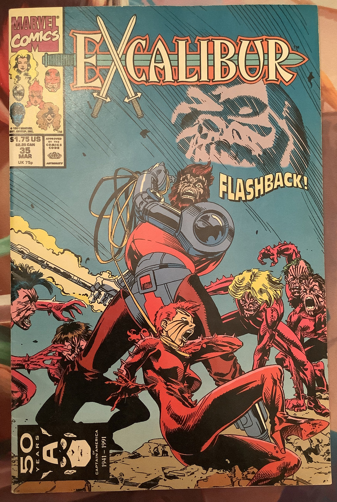 Cover of Excalibur #35 Marvel Comics featuring Captain Britain and Rachel Summers battling demonic creatures.