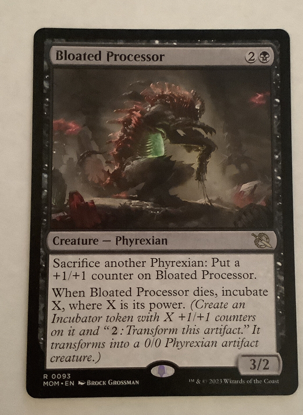March of the Machine Bloated Processor #93 rare creature featuring Phyrexian tribal, sacrifice synergies, and Incubator payoffs.