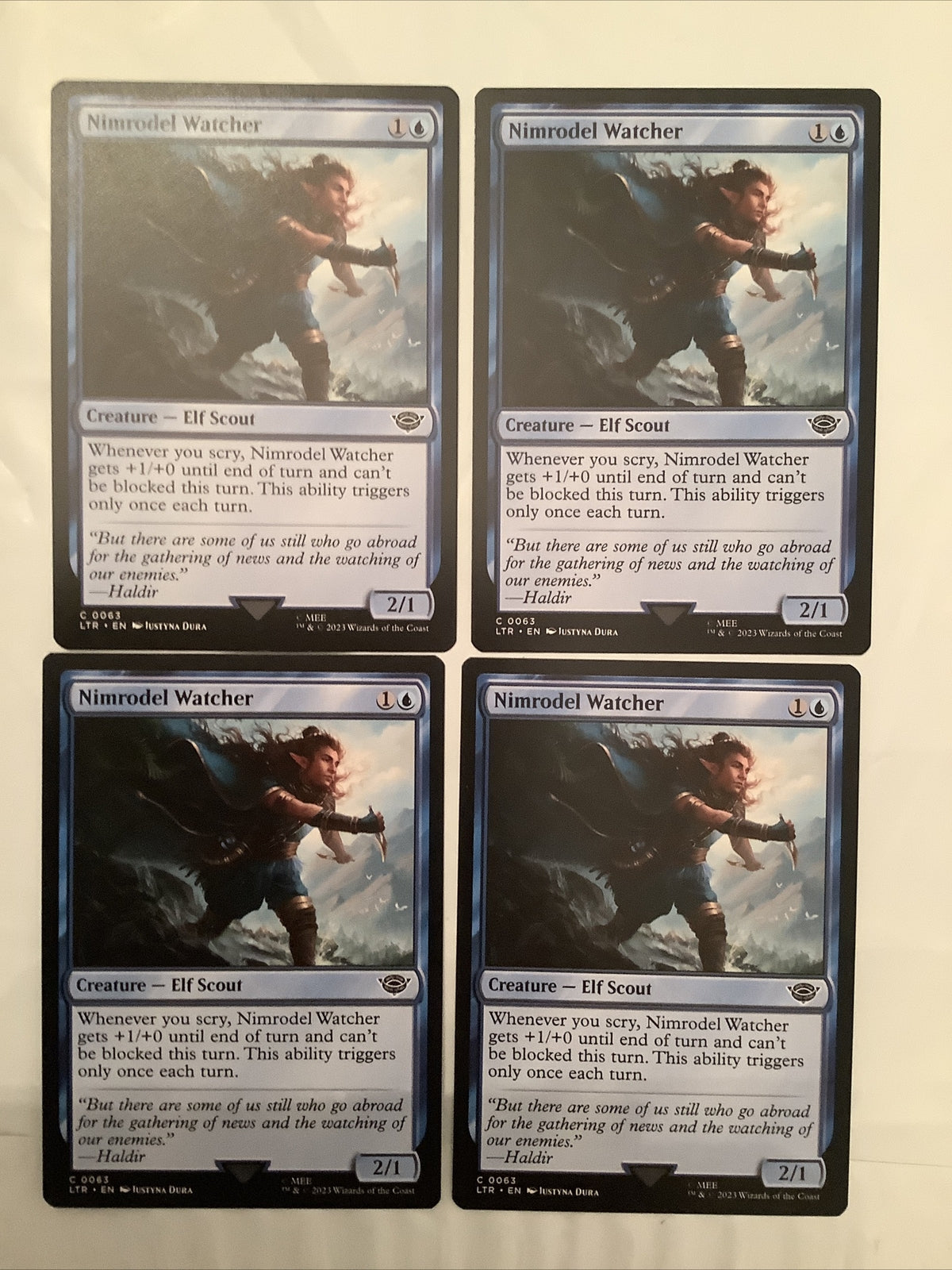 Four Nimrodel Watcher creature cards from LTR, card number 63, common, blue
