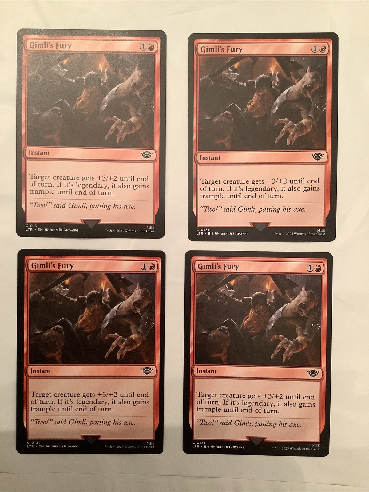 Gimli's Fury x4 MTG LTR 131 combat pump trample instant playset from DM Vault Co