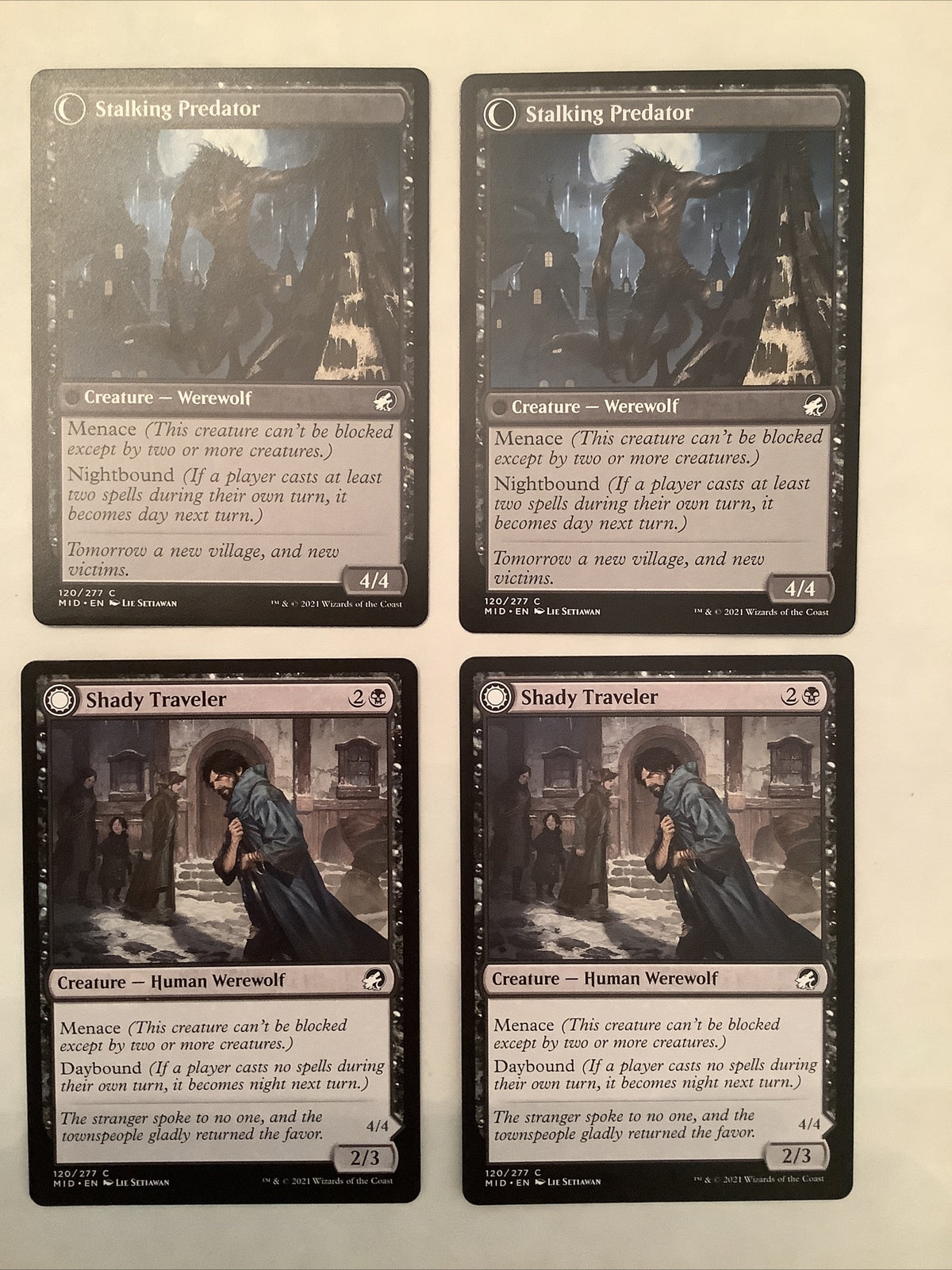 Shady Traveler Stalking Predator MID 120 x4 regular finish double-faced MTG Werewolf playset