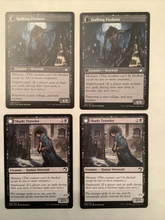 Shady Traveler Stalking Predator MID 120 x4 regular finish double-faced MTG Werewolf playset