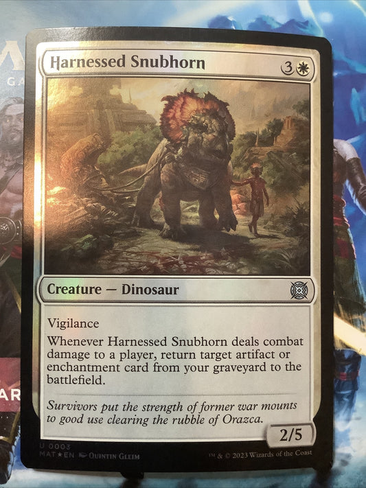 Foil Harnessed Snubhorn MTG card (MAT 003) uncommon Dinosaur close-up
